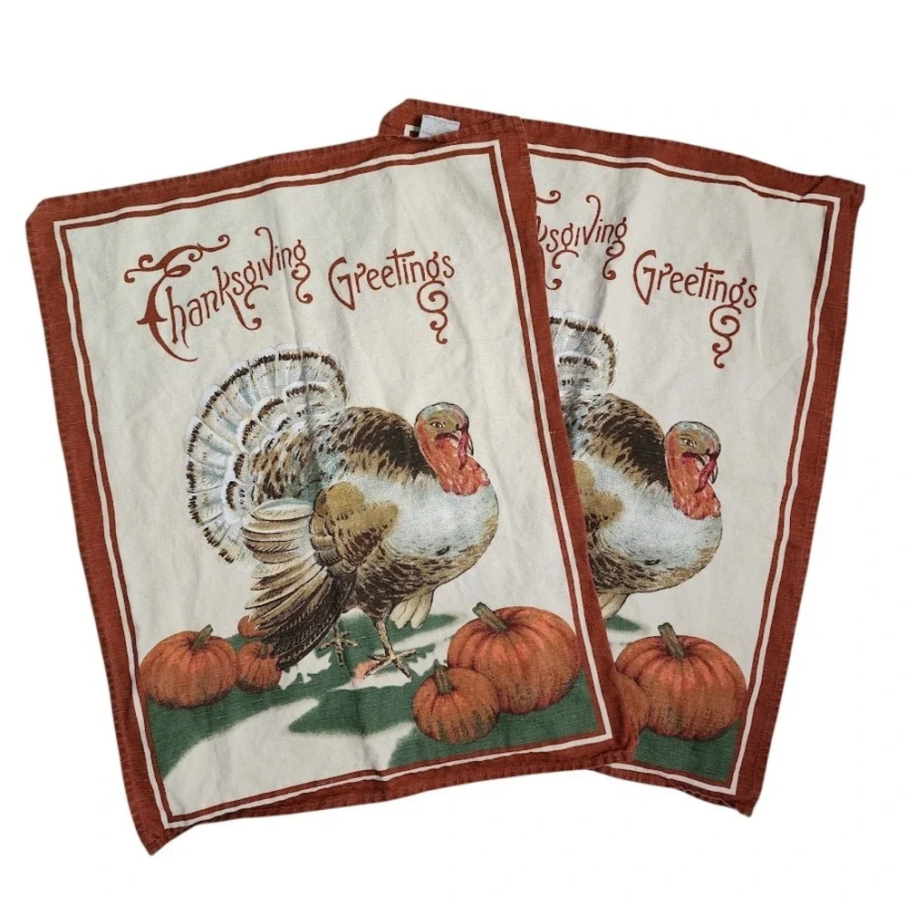 WILLIAMS SONOMA Thanksgiving Greetings Turkey Towels Set of 2 Made in‎ Italy
